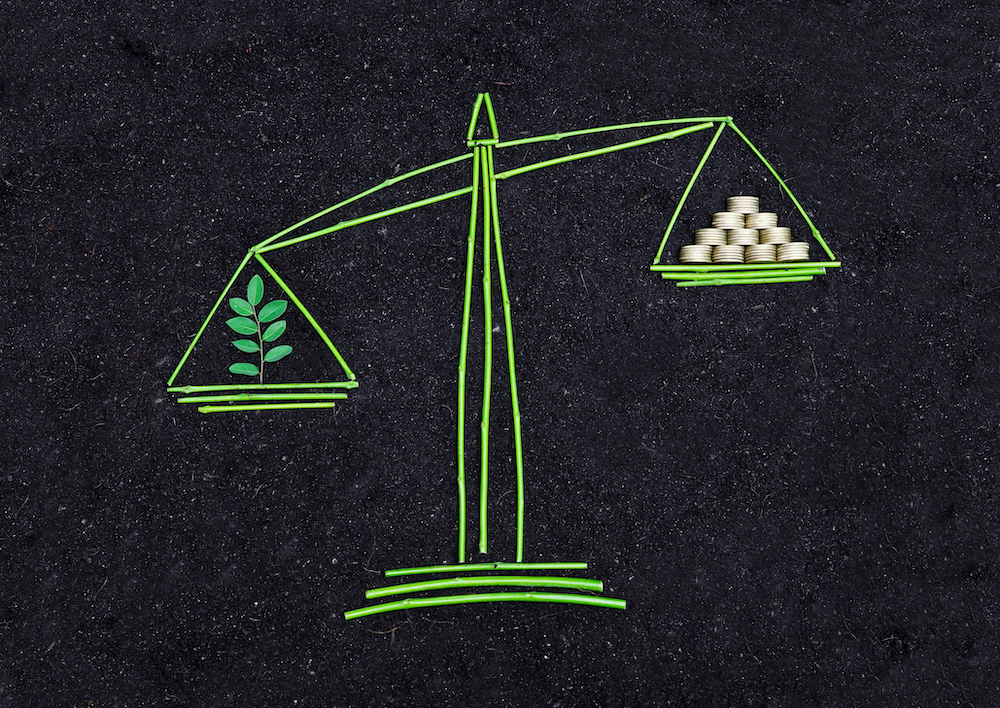 Tree and money to balance scales on soil background / csr / corporate social responsibility / business ethics