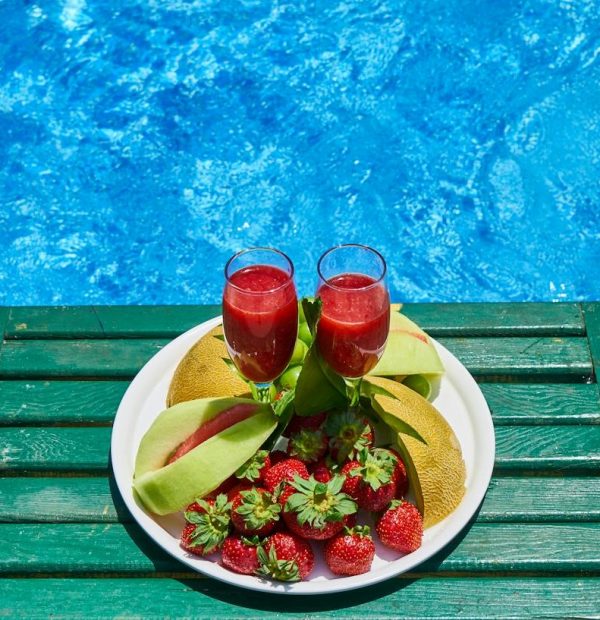 fruit and fruit juices on a tray